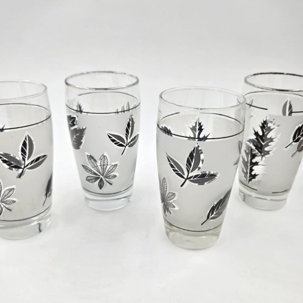 Vintage 1960's Libbey Set Of 4 Silver Leaf Frosted Glasses 5.25” Tall Tumblers
